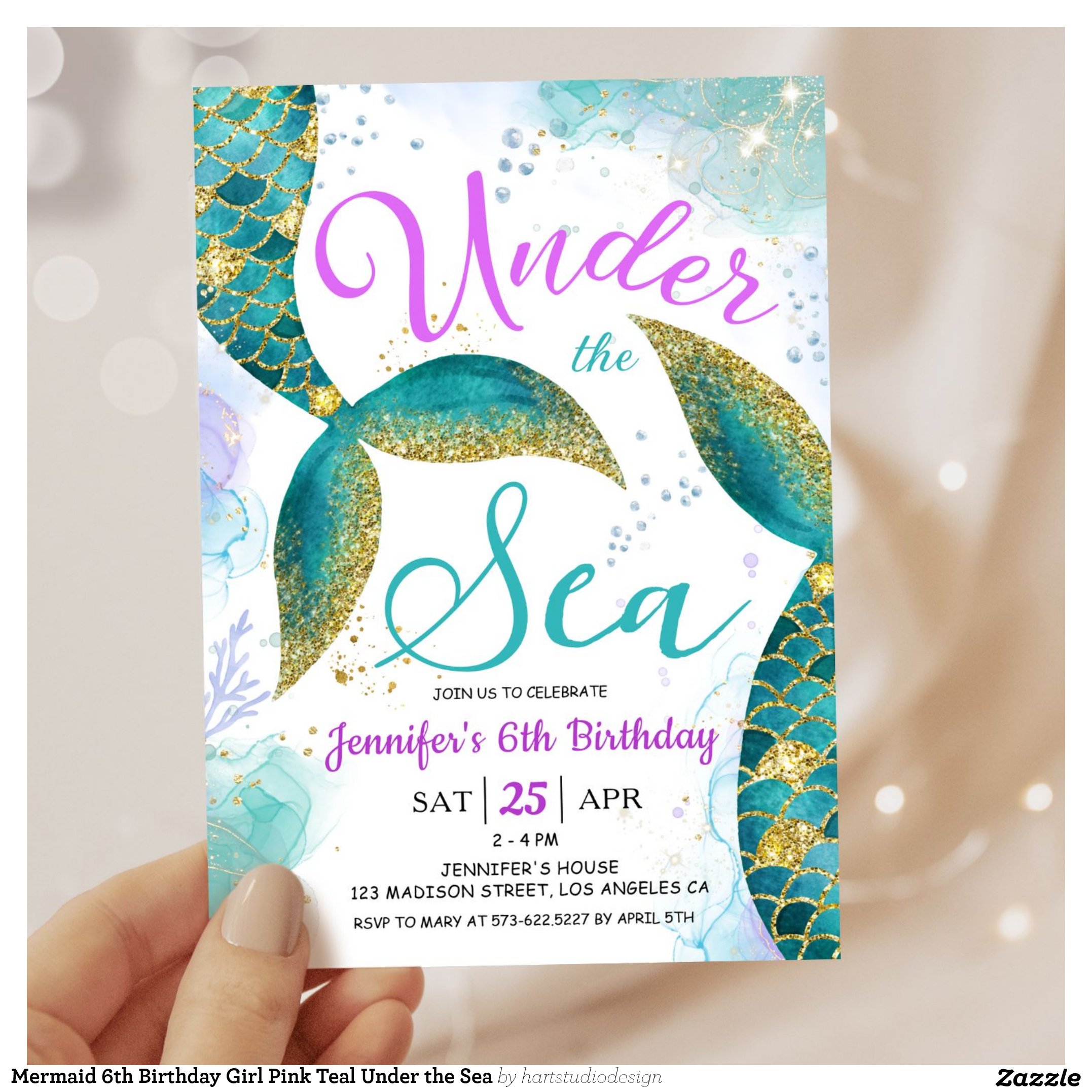 Mermaid 6th Birthday Girl Pink Teal Under the Sea Invitation
