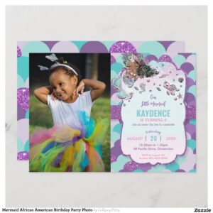 Mermaid African American Birthday Party Photo Invitation