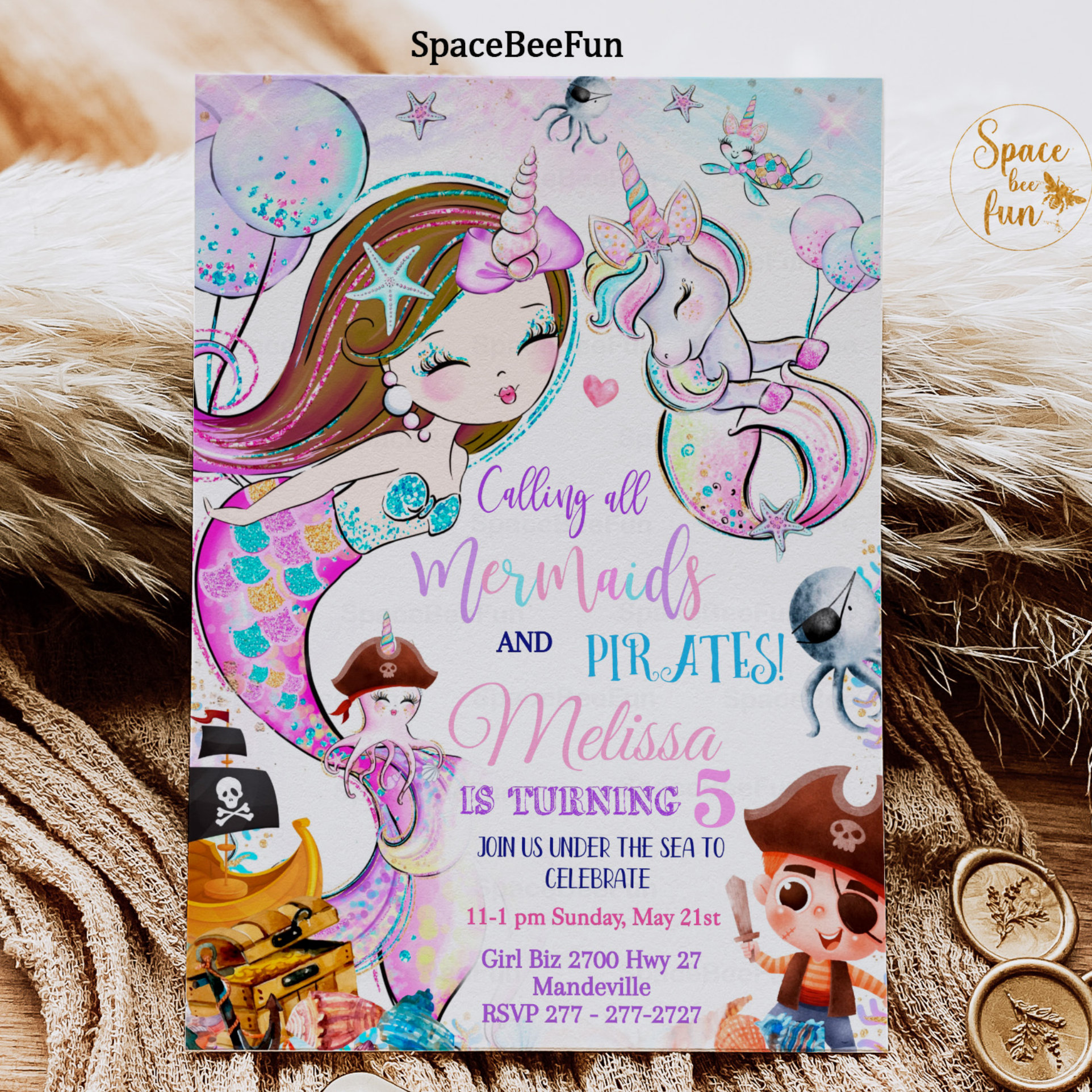 Mermaid and Pirates Birthday Invitation Unicorn