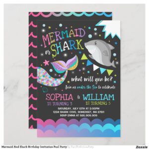 Mermaid And Shark Birthday Invitation Pool Party