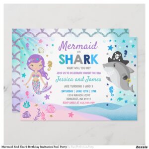 Mermaid And Shark Birthday Invitation Pool Party
