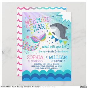 Mermaid And Shark Birthday Invitation Pool Party