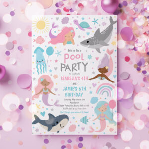 Mermaid And Shark Sibling Pool Birthday Party  Invitation