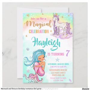 Mermaid and Unicorn birthday invitation Girl party