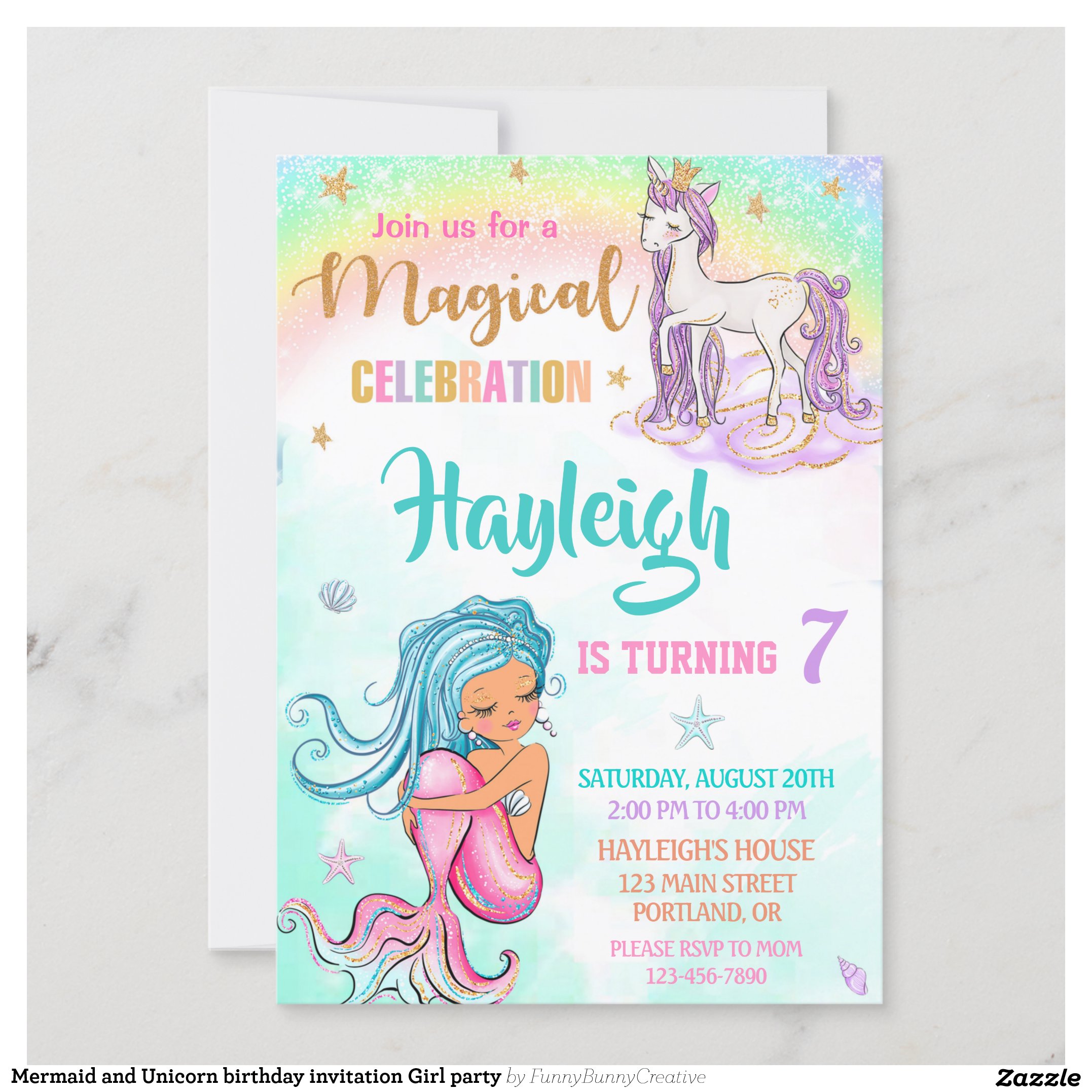 Mermaid and Unicorn birthday invitation Girl party