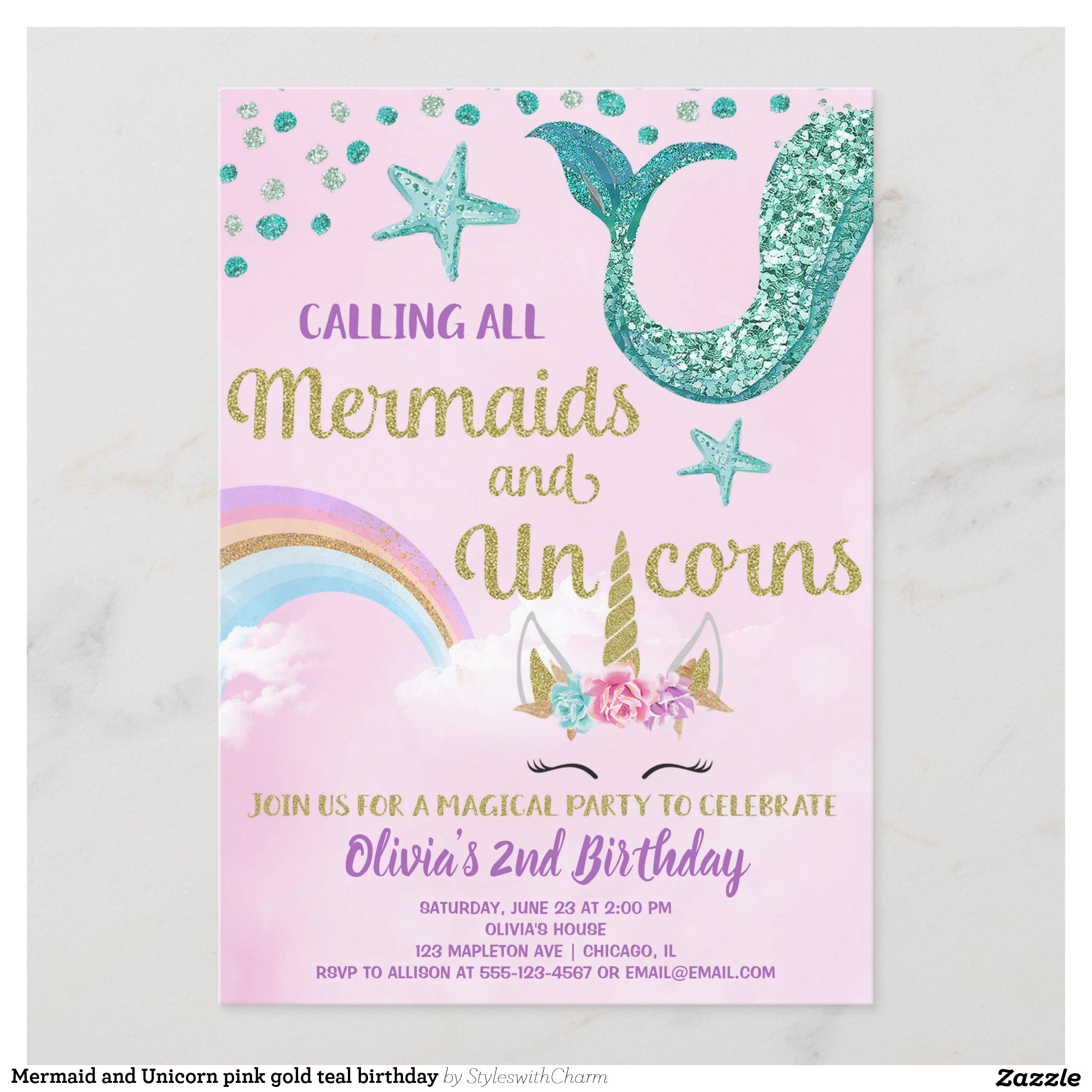 Mermaid and Unicorn pink gold teal birthday Invitation