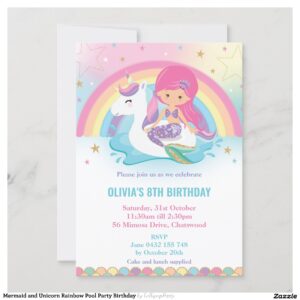 Mermaid and Unicorn Rainbow Pool Party Birthday Invitation