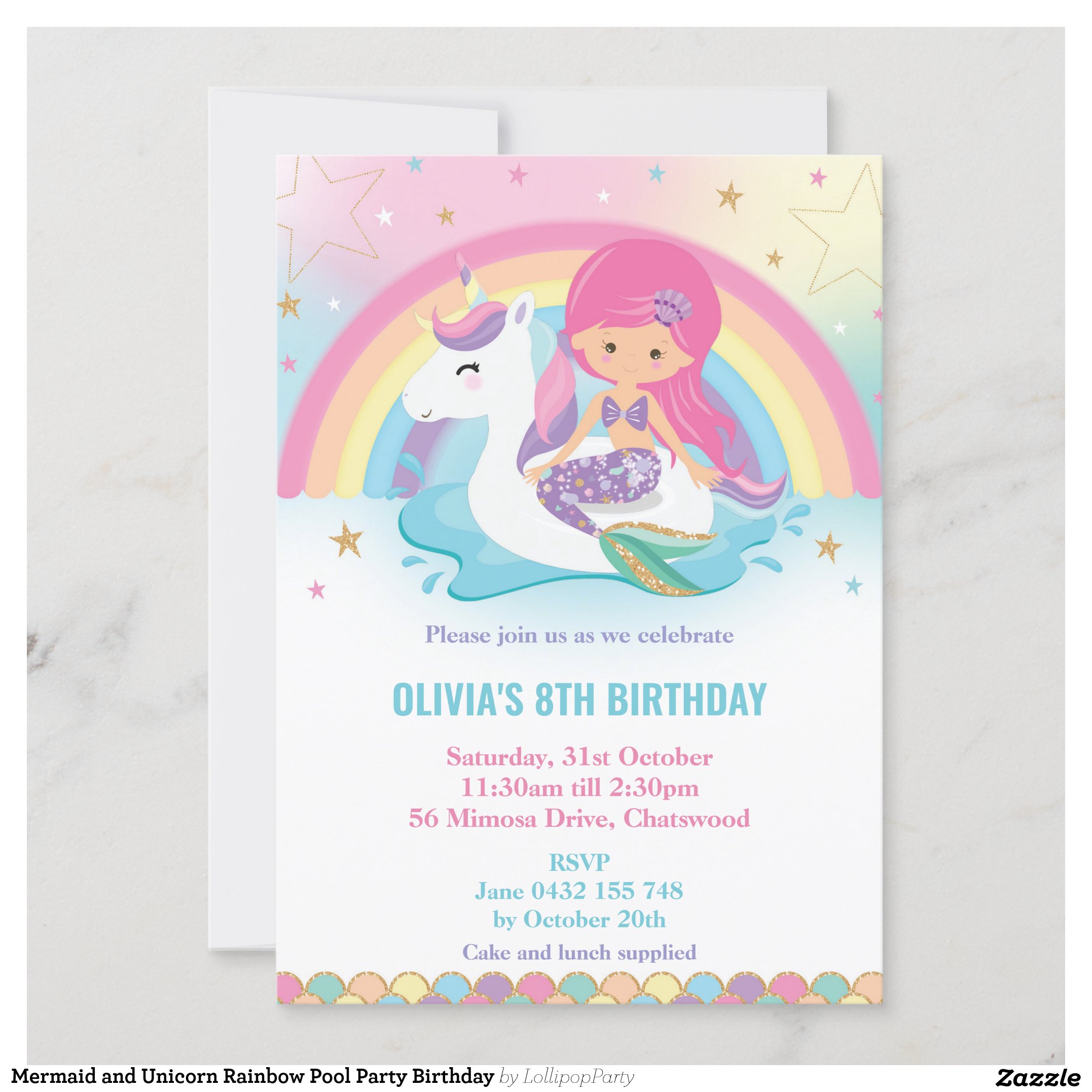 Mermaid and Unicorn Rainbow Pool Party Birthday Invitation