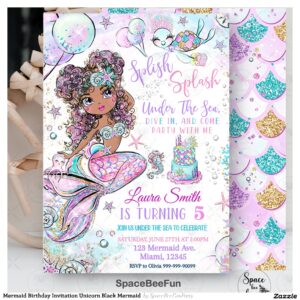 Mermaid Birthday Invitation Unicorn Black Mermaid