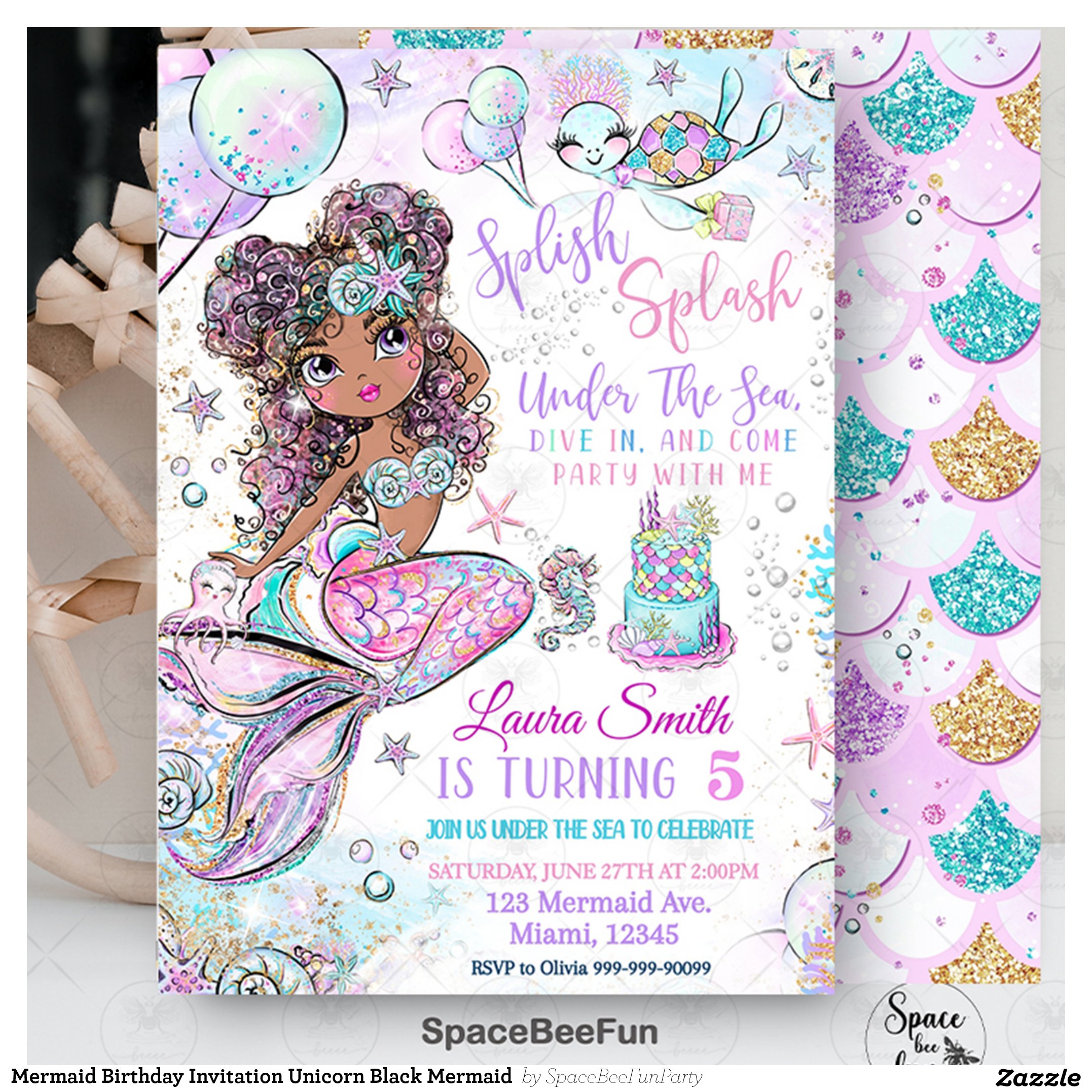 Mermaid Birthday Invitation Unicorn Black Mermaid