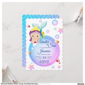 Mermaid Bubble Glitter Purple Teal Baby Birthday Invitation