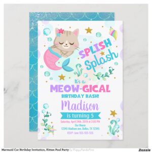 Mermaid Cat Birthday Invitation, Kitten Pool Party Invitation