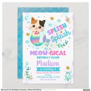 Mermaid Cat Birthday Invitation, Kitten Pool Party Invitation
