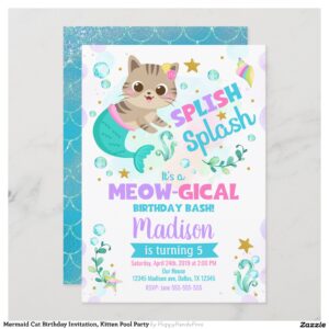 Mermaid Cat Birthday Invitation, Kitten Pool Party Invitation