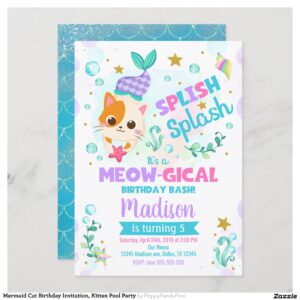 Mermaid Cat Birthday Invitation, Kitten Pool Party Invitation