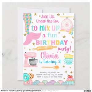 Mermaid & cooking baking girl birthday invitation. invitation