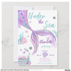 Mermaid Cute Under The Sea Glitter Birthday Invitation