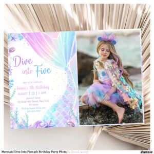 Mermaid Dive Into Five 5th Birthday Party Photo Invitation