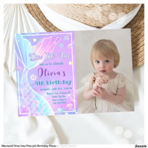 Mermaid Dive Into Five 5th Birthday Photo Invitation