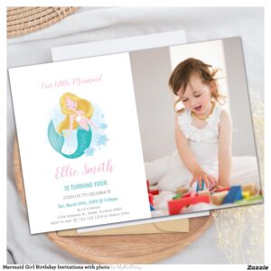 Mermaid Girl Birthday Invitations with photo