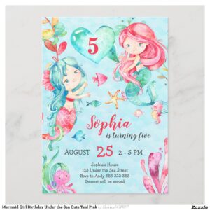 Mermaid Girl Birthday Under the Sea Cute Teal Pink Invitation