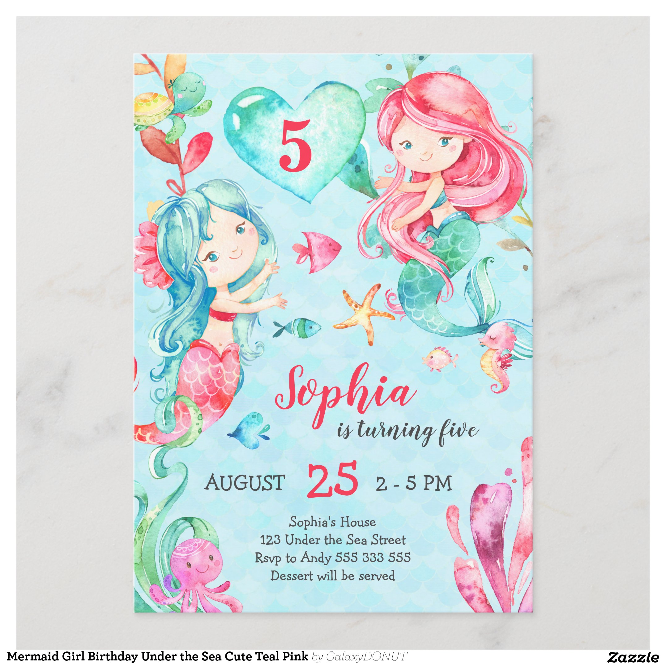 Mermaid Girl Birthday Under the Sea Cute Teal Pink Invitation