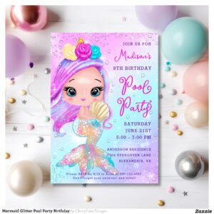 Mermaid Glitter Pool Party Birthday Invitation