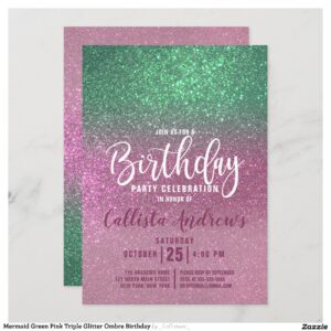 Mermaid Green Pink Triple Glitter Ombre Birthday Invitation