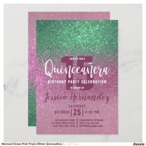 Mermaid Green Pink Triple Glitter Quincea?era Invitation