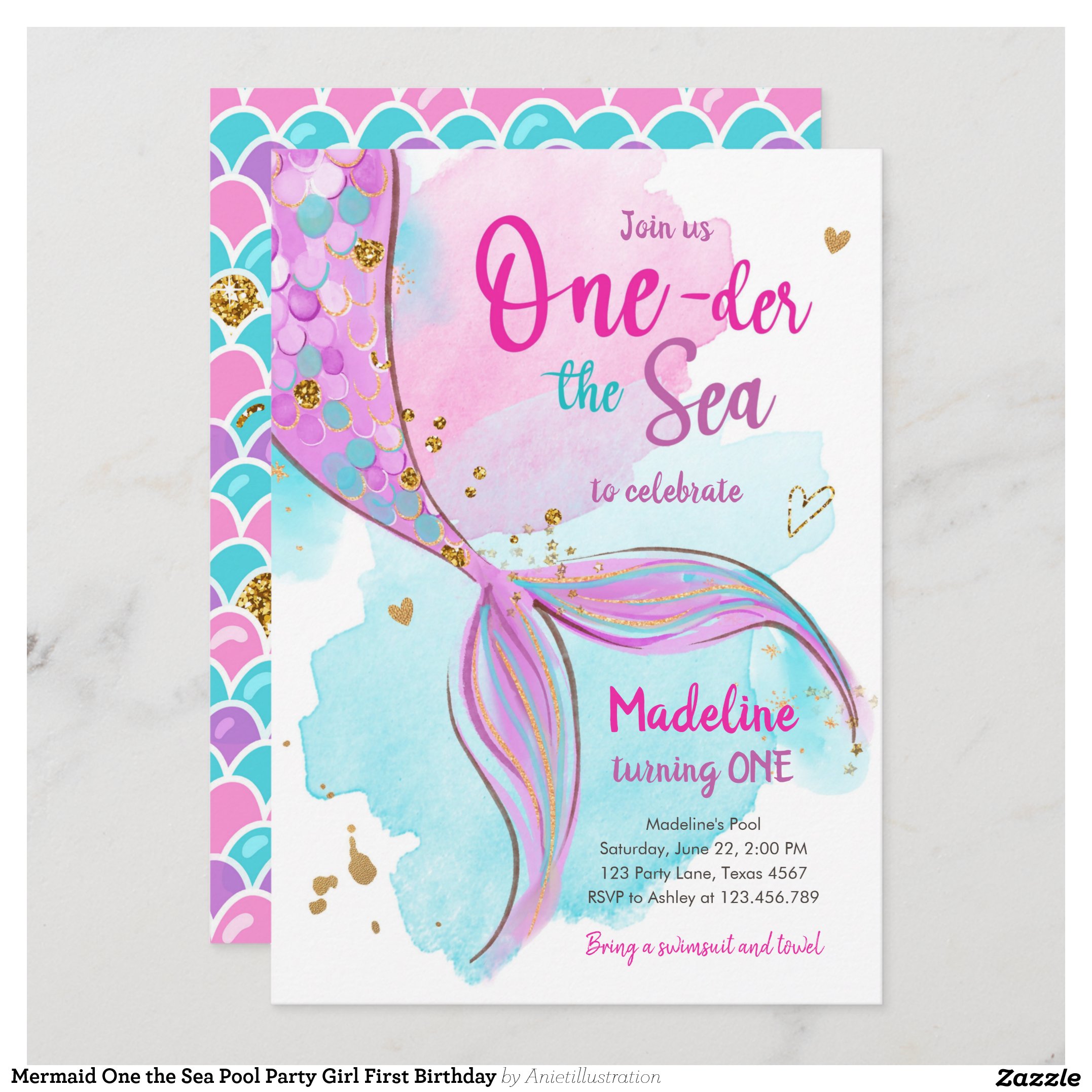 Mermaid One the Sea Pool Party Girl First Birthday Invitation