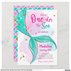 Mermaid One the Sea Pool Party Girl First Birthday Invitation