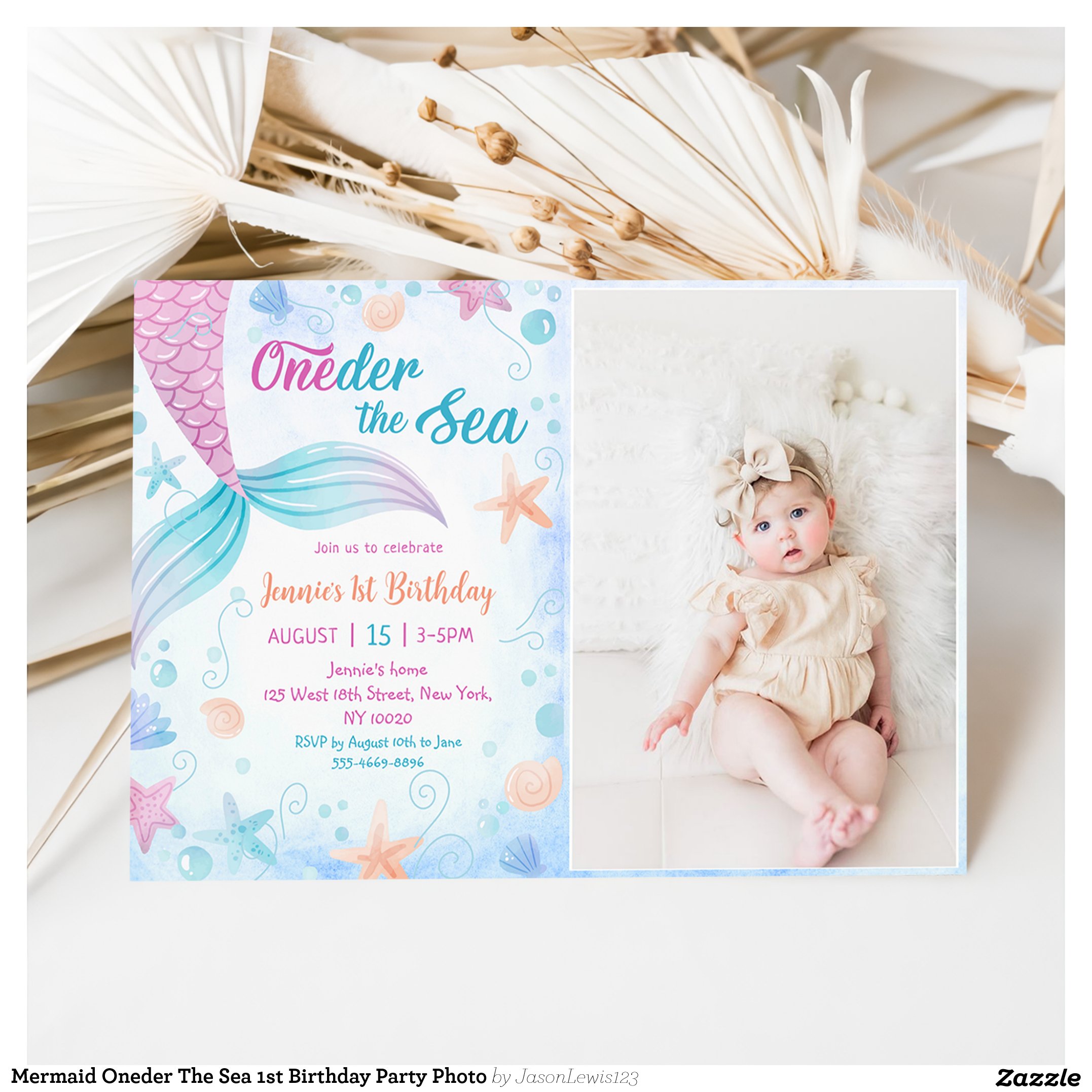 Mermaid Oneder The Sea 1st Birthday Party Photo Invitation