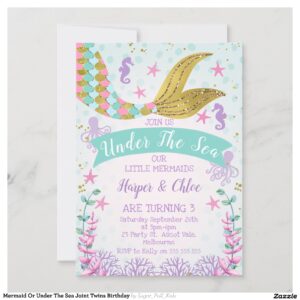 Mermaid Or Under The Sea Joint Twins Birthday Invitation