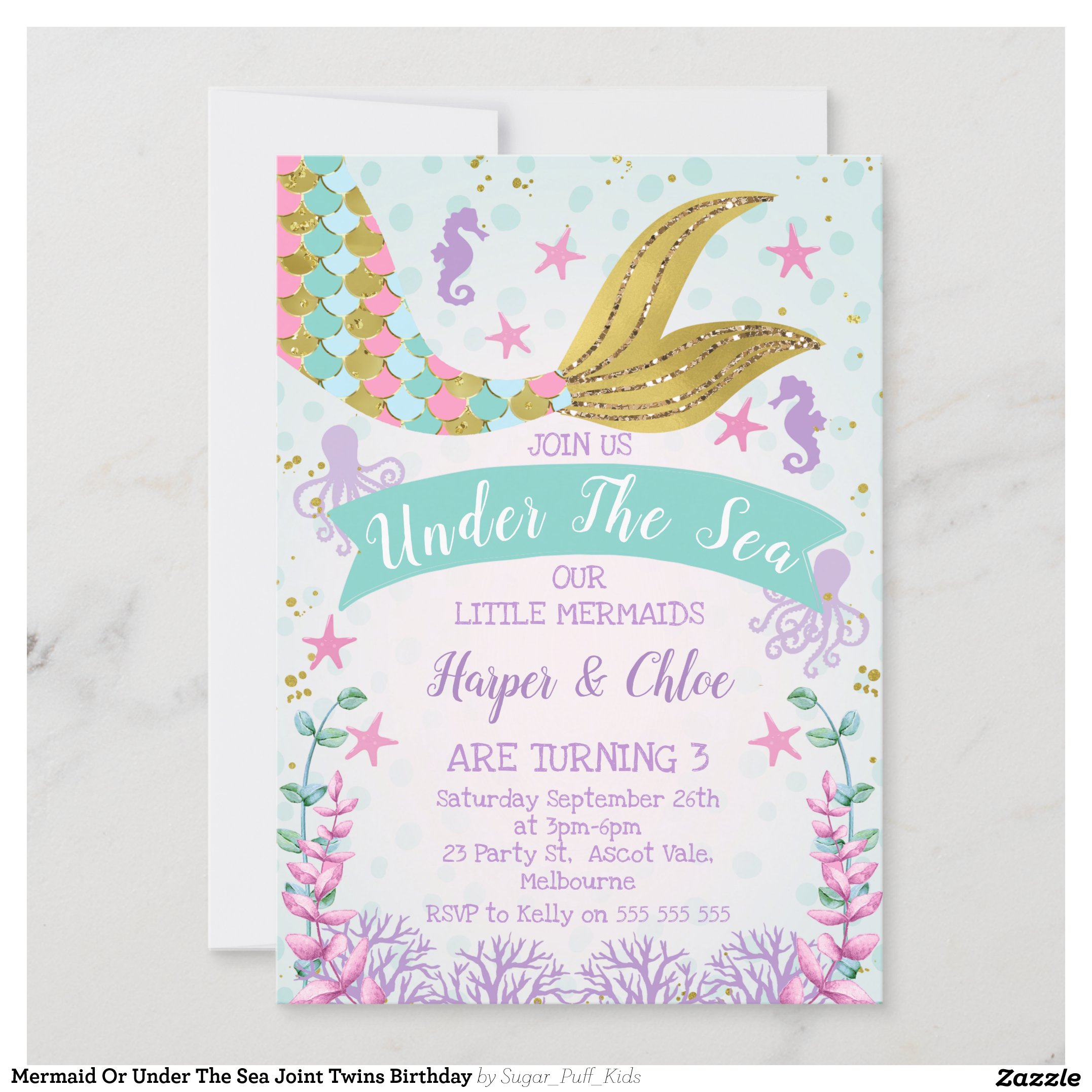 Mermaid Or Under The Sea Joint Twins Birthday Invitation