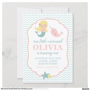 Mermaid Pastel Pink first birthday party Invitation