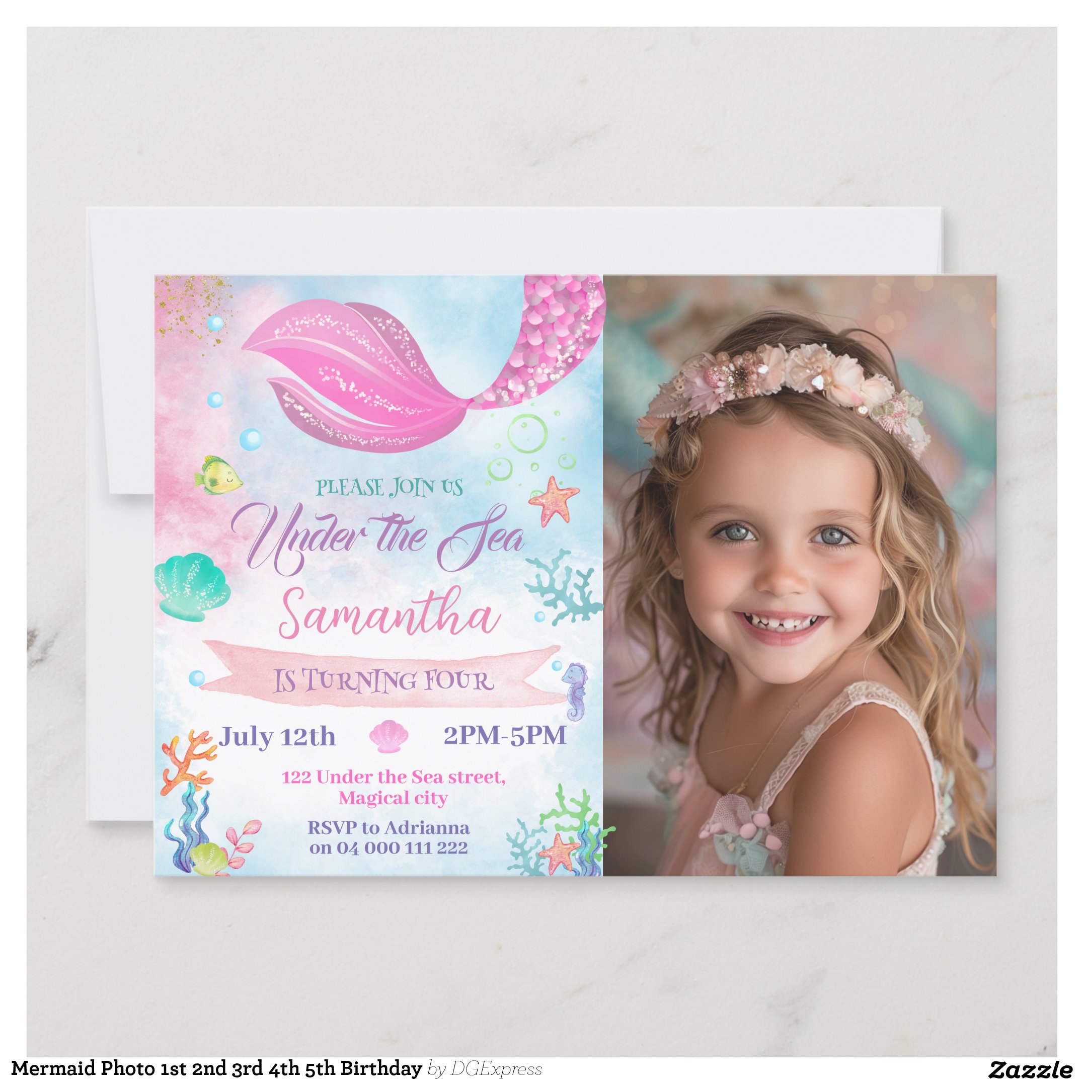 Mermaid Photo 1st 2nd 3rd 4th 5th Birthday Invitation