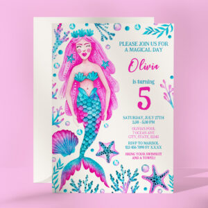 Mermaid Pink and Turquoise Girl's Birthday Party  Invitation