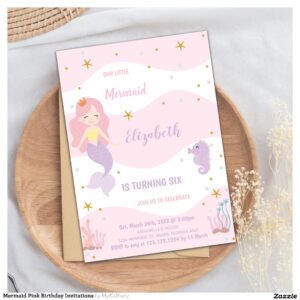 Mermaid Pink Birthday Invitations