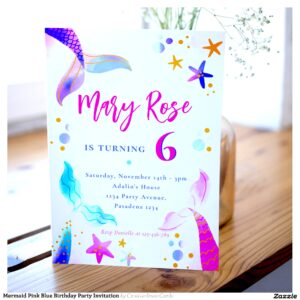 Mermaid Pink Blue Birthday Party Invitation