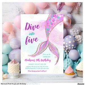 Mermaid Pink Purple 5th Birthday Invitation