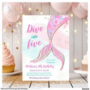Mermaid Pink Purple 5th Birthday Invitation