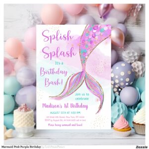 Mermaid Pink Purple Birthday Invitation