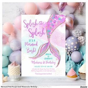 Mermaid Pink Purple Gold Watercolor Birthday Invitation