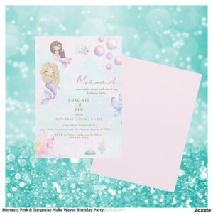 Mermaid Pink & Turquoise Make Waves Birthday Party Invitation