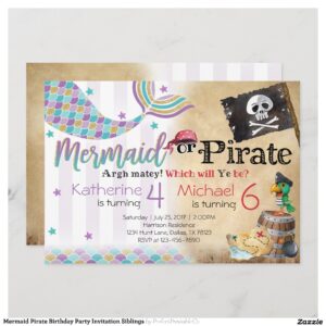 Mermaid Pirate Birthday Party Invitation Siblings