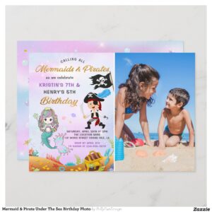 Mermaid & Pirate Under The Sea Birthday Photo Invitation