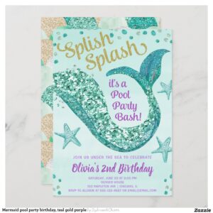 Mermaid pool party birthday, teal gold purple invitation
