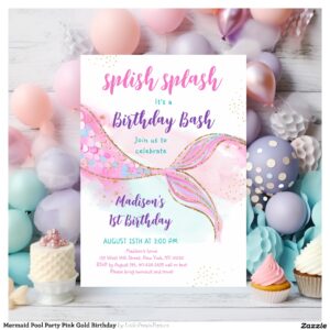 Mermaid Pool Party Pink Gold Birthday Invitation