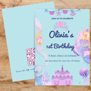 Mermaid QR Code under sea 1st Birthday Invitation
