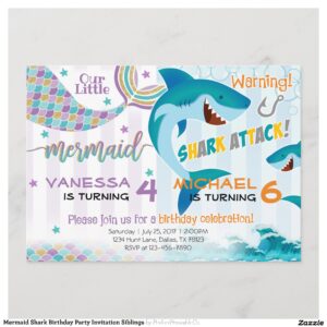 Mermaid Shark Birthday Party Invitation Siblings